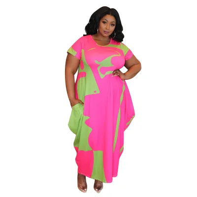 Summer Women Plus Size Geometric Print Color Block Round Neck Short Sleeve Dress