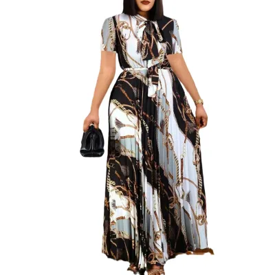 Summer Women Plus Size Graphic Printing Pleated Strap Dress Commuter Wind