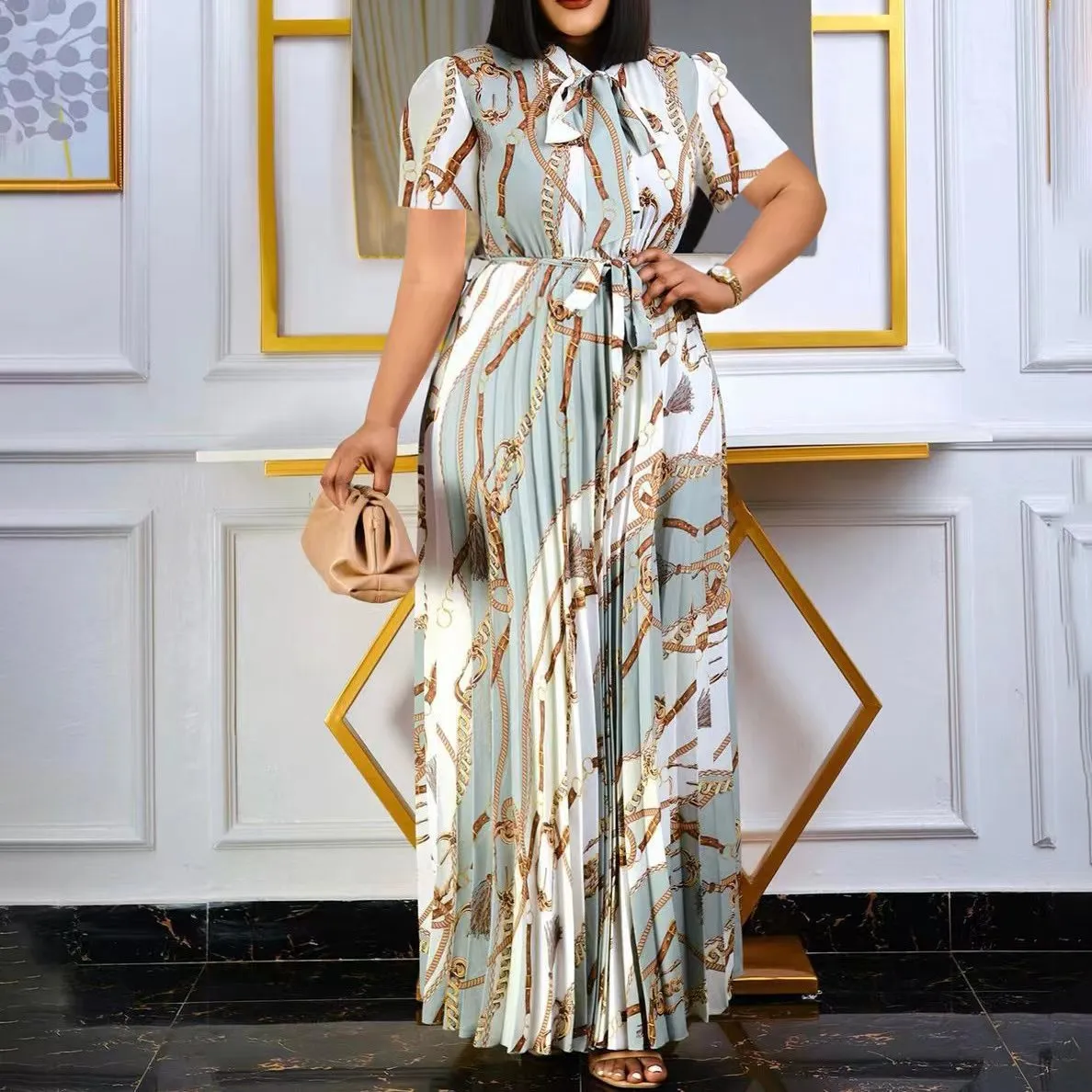 Summer Women Plus Size Graphic Printing Pleated Strap Dress Commuter Wind