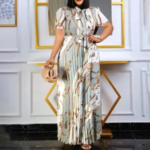Summer Women Plus Size Graphic Printing Pleated Strap Dress Commuter Wind