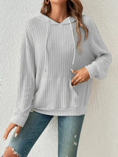 Women Fashion Knitted Pit Strip Long Sleeve Hooded Sweater