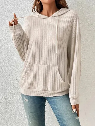 Women Fashion Knitted Pit Strip Long Sleeve Hooded Sweater