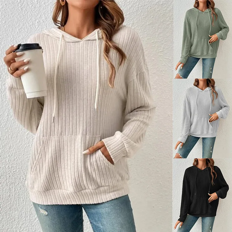 Women Fashion Knitted Pit Strip Long Sleeve Hooded Sweater