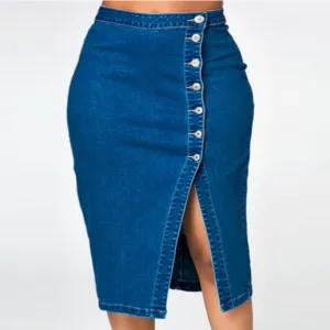 Women Plus Size Denim Wrap Hip Skirt with Button Split