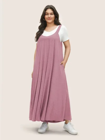 Women Casual Loose Plus Size Solid Color Pocket Wide Leg Jumpsuits