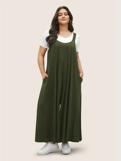 Women Casual Loose Plus Size Solid Color Pocket Wide Leg Jumpsuits