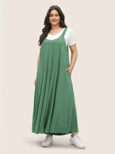 Women Casual Loose Plus Size Solid Color Pocket Wide Leg Jumpsuits