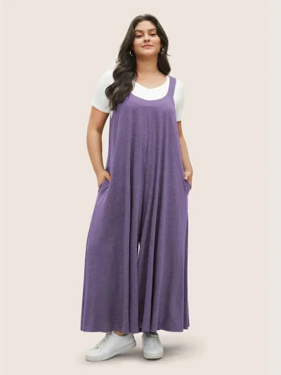 Women Casual Loose Plus Size Solid Color Pocket Wide Leg Jumpsuits