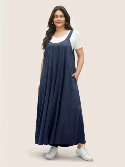 Women Casual Loose Plus Size Solid Color Pocket Wide Leg Jumpsuits