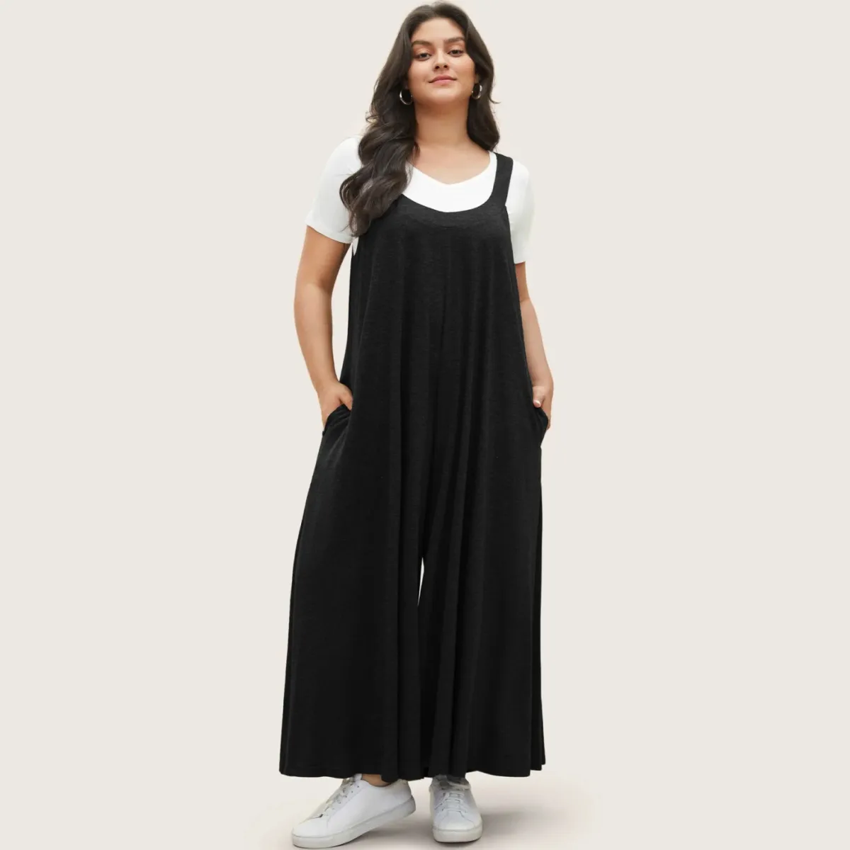 Women Casual Loose Plus Size Solid Color Pocket Wide Leg Jumpsuits