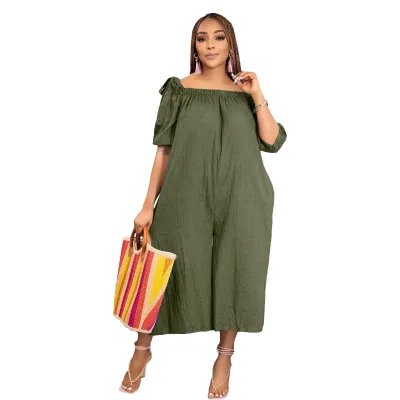 Summer Women Casual Loose Plus Size Solid Color Off Shoulder Wide Leg Jumpsuits