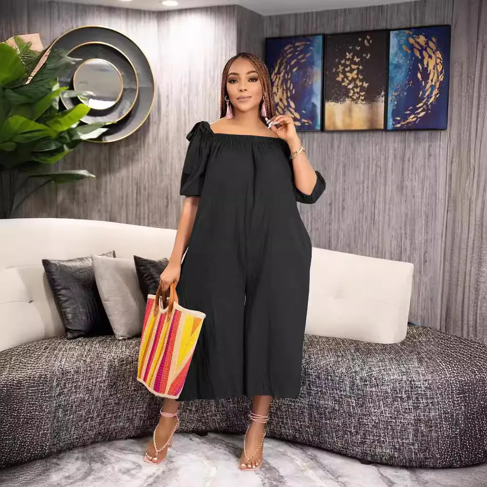 Summer Women Casual Loose Plus Size Solid Color Off Shoulder Wide Leg Jumpsuits