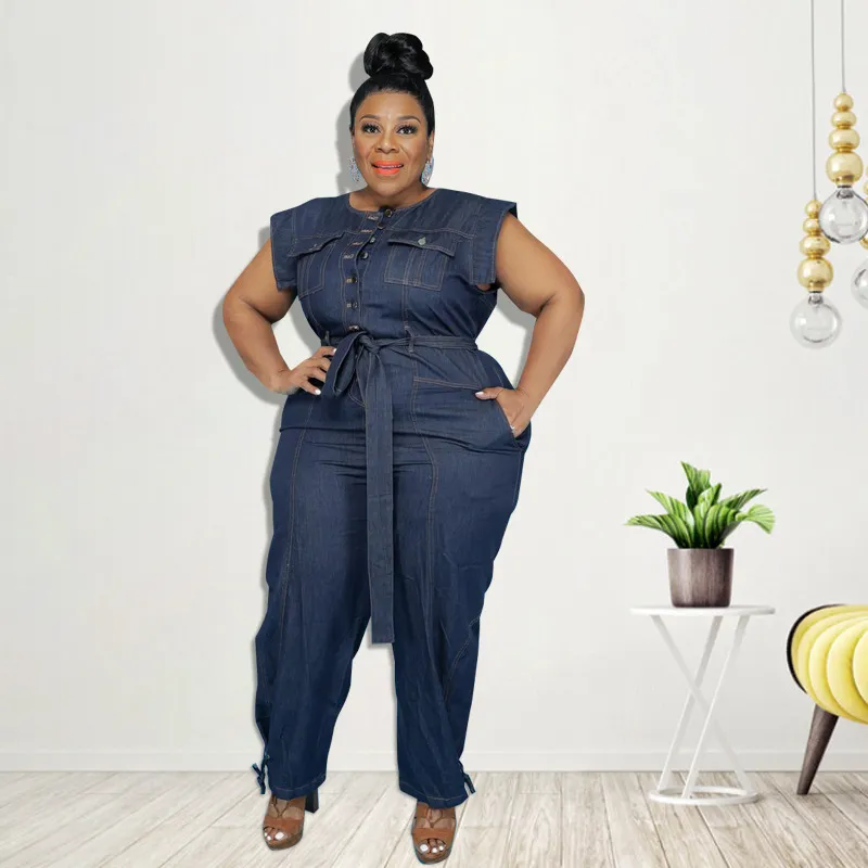 Women Plus Size Denim Jumpsuits Sleeveless Multi-Pocket Street Hipster