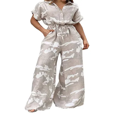 Summer Women Plus Size Lapel Short Sleeve Graphic Printed Wide Leg Jumpsuits