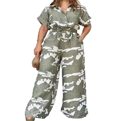 Summer Women Plus Size Lapel Short Sleeve Graphic Printed Wide Leg Jumpsuits