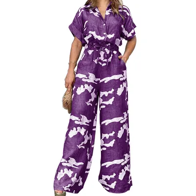 Summer Women Plus Size Lapel Short Sleeve Graphic Printed Wide Leg Jumpsuits