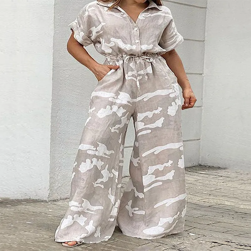 Summer Women Plus Size Lapel Short Sleeve Graphic Printed Wide Leg Jumpsuits