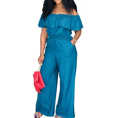 Summer Women Casual Plus Size Solid Color Off Shoulder Denim Jumpsuits