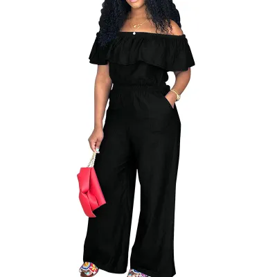 Summer Women Casual Plus Size Solid Color Off Shoulder Denim Jumpsuits