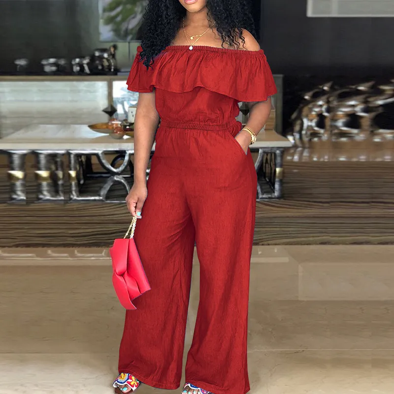 Summer Women Casual Plus Size Solid Color Off Shoulder Denim Jumpsuits