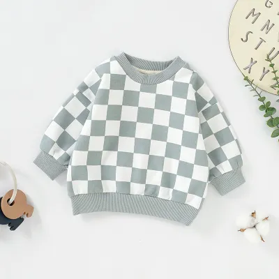 Kids Baby Boys Girls Plaid Print Long Sleeve Sweatshirts Cotton Neutral Unisex Fashion