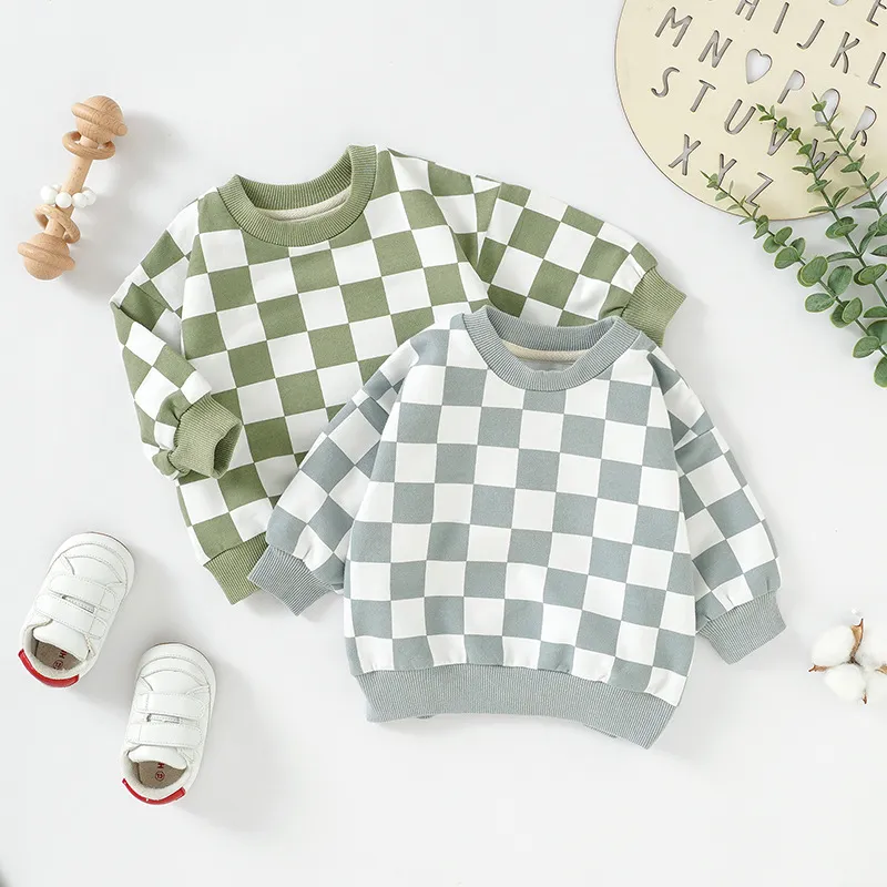 Kids Baby Boys Girls Plaid Print Long Sleeve Sweatshirts Cotton Neutral Unisex Fashion