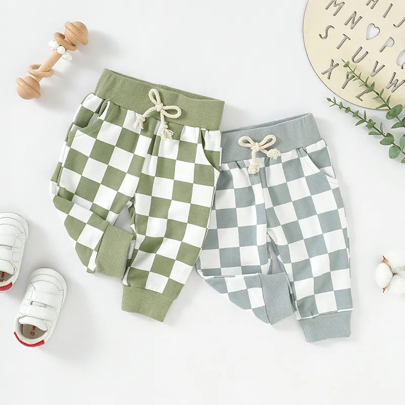 Kids Baby Boys Girls Fashion Casual Plaid Print Cotton Trousers