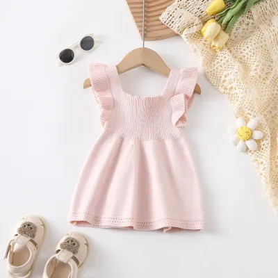 Kids Baby Girls Autumn Winter Casual Cute Solid Color Rib-Knit Raglan Sleeveless Dress Princess Style