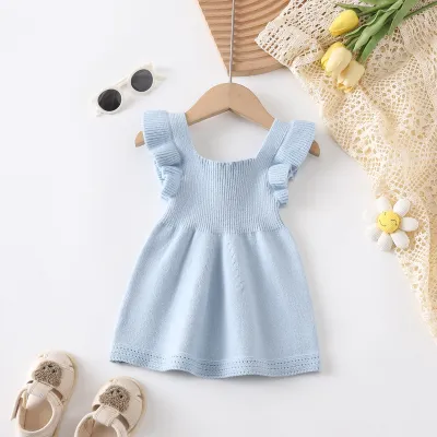 Kids Baby Girls Autumn Winter Casual Cute Solid Color Rib-Knit Raglan Sleeveless Dress Princess Style