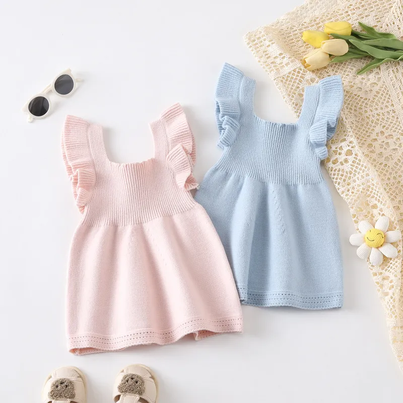 Kids Baby Girls Autumn Winter Casual Cute Solid Color Rib-Knit Raglan Sleeveless Dress Princess Style