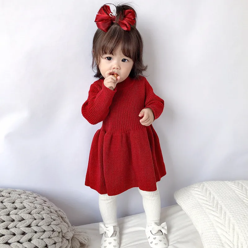 Kids Baby Girls Autumn Winter Casual Cute Solid Color Rib-Knit Long Sleeve Angora Sweater Dress