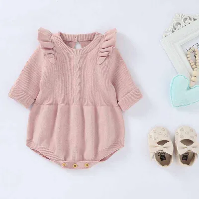 Kids Baby Girls Autumn Winter Casual Cute Solid Color Rib-Knit Long Sleeve Sweater Romper