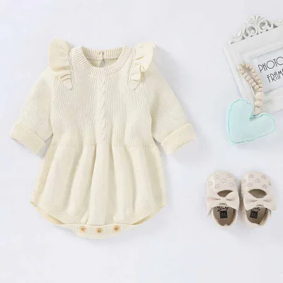 Kids Baby Girls Autumn Winter Casual Cute Solid Color Rib-Knit Long Sleeve Sweater Romper