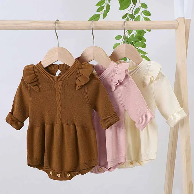 Kids Baby Girls Autumn Winter Casual Cute Solid Color Rib-Knit Long Sleeve Sweater Romper