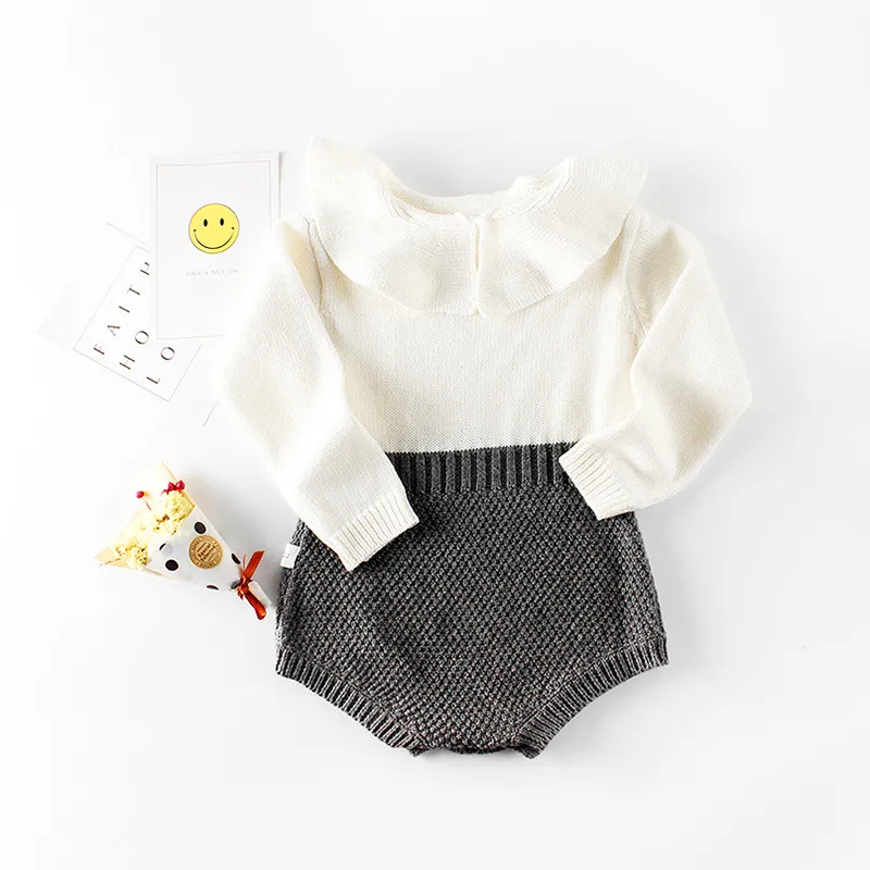 Kids Baby Girls Autumn Winter Casual Cute Color Blocking Long Sleeve Lapel Sweater Romper