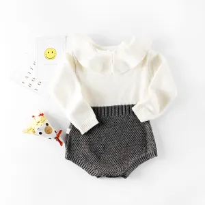 Kids Baby Girls Autumn Winter Casual Cute Color Blocking Long Sleeve Lapel Sweater Romper