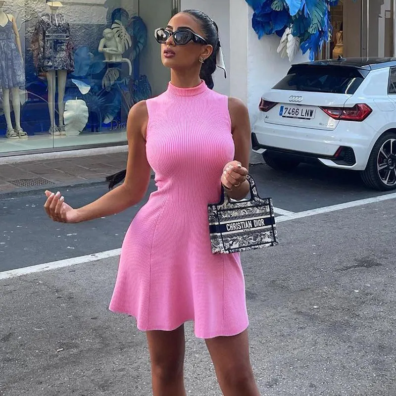 Summer Women Fashion Solid Color Half High Collar Sleeveless Mini Dress