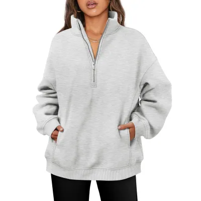 Women's Solid Color Thickened Pullover Sweatshirt With Half Zip Collar