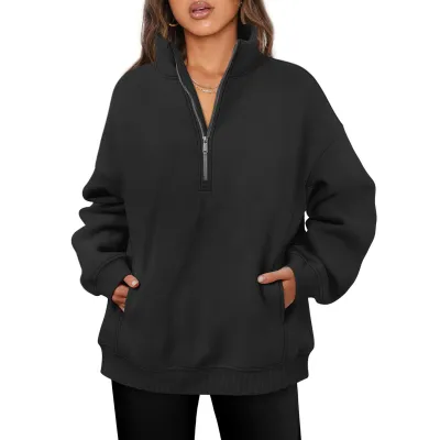 Women's Solid Color Thickened Pullover Sweatshirt With Half Zip Collar