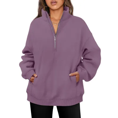 Women's Solid Color Thickened Pullover Sweatshirt With Half Zip Collar