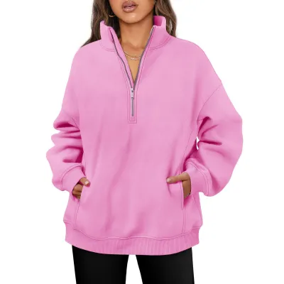 Women's Solid Color Thickened Pullover Sweatshirt With Half Zip Collar