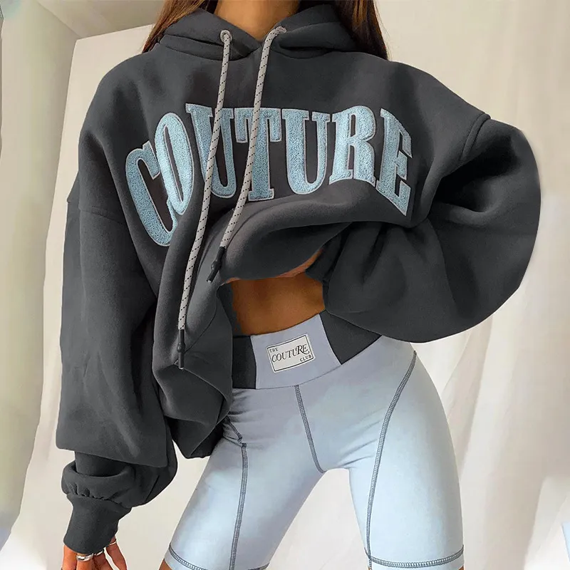 Women Letter Embroidered Long Sleeve Hooded Sweater