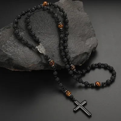 Men Simple Fashion Natural Stone Black Volcanic Rock Yellow Tiger Eye Iron Cross Necklace