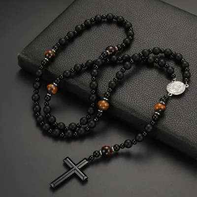 Men Simple Fashion Natural Stone Black Volcanic Rock Yellow Tiger Eye Iron Cross Necklace
