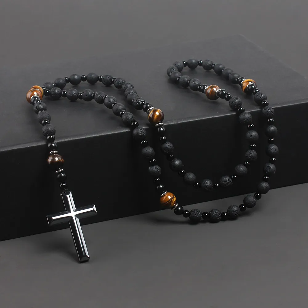 Men Simple Fashion Natural Stone Black Volcanic Rock Yellow Tiger Eye Iron Cross Necklace