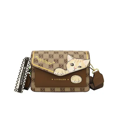 Women Street Trend PU Cartoon Cat Print Small Square Flap Crossbody Bag