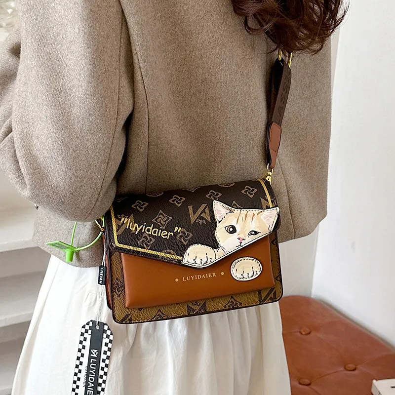 Women Street Trend PU Cartoon Cat Print Small Square Flap Crossbody Bag