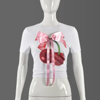 Summer Women Street Hipster Printed Bow Round Neck Short Sleeve T-Shirt