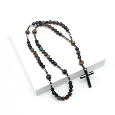 Men Vintage African Pine Yellow Tiger Eye Natural Stone Long Cross Necklace