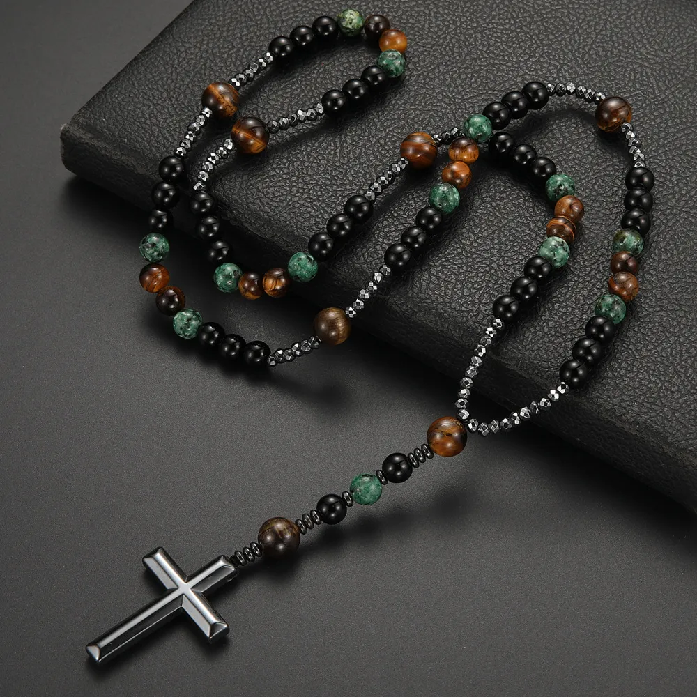 Men Vintage African Pine Yellow Tiger Eye Natural Stone Long Cross Necklace